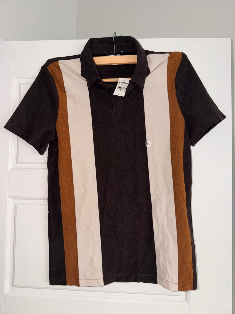 Express Men's Brown, Cream & Black Vertical Stripe Button-Down Polo